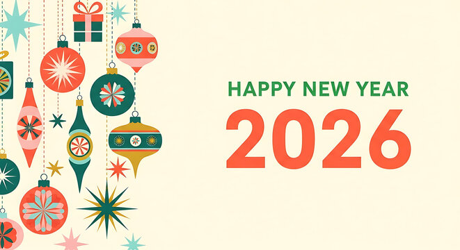 Happy new year 2026 greeting card with vintage christmas ornaments