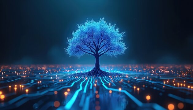 Glowing blue tree with intricate roots grows from a digital circuit board with glowing orange lights. Represents tech growth and future innovation. - Powered by Adobe