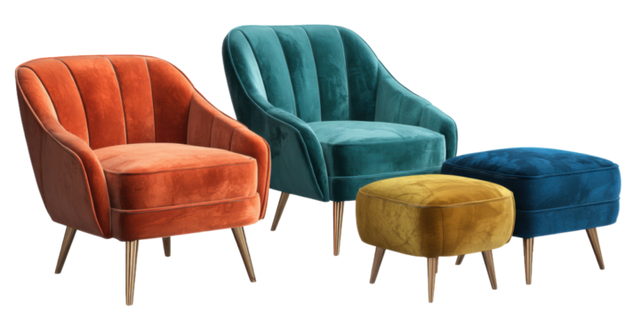 Velvet Armchairs and Ottoman Set with Golden Legs