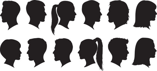 Diverse Silhouettes of Human Heads in Profile View