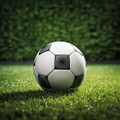 Fototapeta premium Classic Soccer Ball on Lush Green Grass, Ready for a Game of Skill and Precision Outdoors