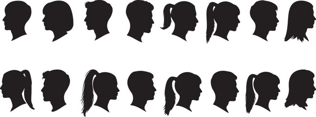 Diverse Silhouettes of Human Heads in Profile, Men and Women