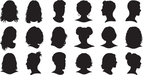Diverse Silhouettes of Human Heads and Hairstyles, Black and White