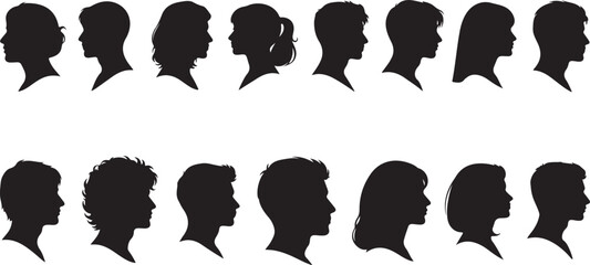 Diverse Silhouettes of Male and Female Profiles on White Background