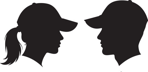 Silhouette of a man and woman wearing baseball caps facing each other