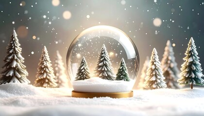 A snow globe with evergreen trees in a wintery landscape with falling snow and bokeh lights in the background