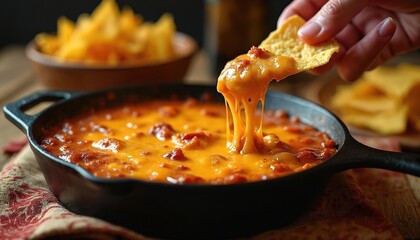 Hand dips corn tortilla chip into hot cast iron skillet with queso fundido, chorizo. Gooey melted cheese stretches from savoury dip. Delicious Mexican appetizer, snack for party restaurant, popular