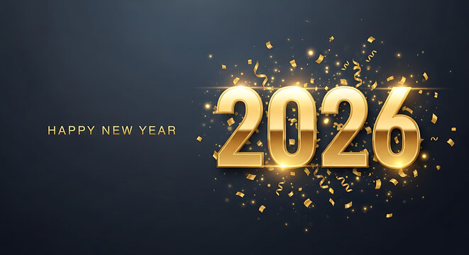 Happy new year 2026 banner with golden numbers and confetti isolated