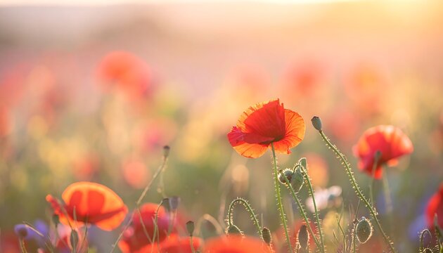 Field of red poppies glows under a soft, warm, golden, sunny light, creating a dreamy and peaceful atmosphere