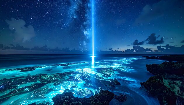Glowing bioluminescent algae and cosmic beam over ocean at night, rocky coast edge - Powered by Adobe