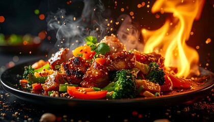 Stir-fry on a black plate with vegetables, tofu, and meat, garnished and presented with flames and smoke