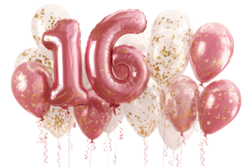 Number 16 Foil Balloons with Pink and White Balloons on Backdrop