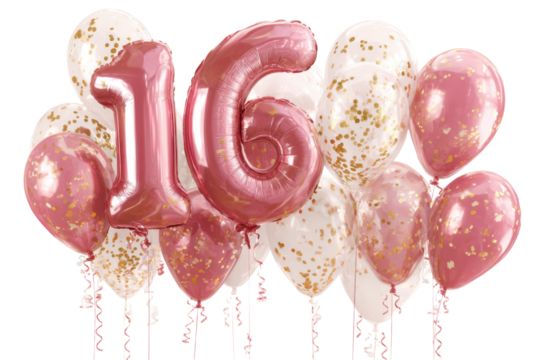 Number 16 Foil Balloons with Pink and White Balloons on Backdrop