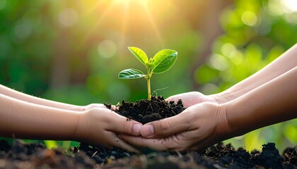 Hands cradle a tiny plant sprouting from dark soil, bathed in golden sunlight, against a blurred green backdrop