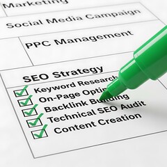 Seo strategy checklist with a green marker ticking off items like keyword research, onpage optimization, and content creation