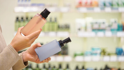 A customer in a beauty store is choosing and comparing haircare or skincare products. Woman reading ingredient labels on shampoo or shower gel, body wash bottles