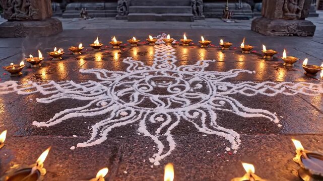 Sacred Ratha Bhanu Saptami Surya Jayanti Ritual with Intricate Rangoli and Oil Lamps at Ancient Hindu Temple