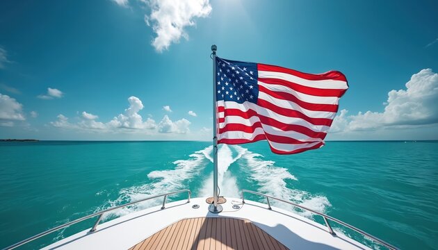 American flag waves proudly from boat stern. Vessel cruises fast on clear turquoise ocean water, leaving white wake. Bright sunny day, blue sky with white clouds. Luxury yacht travels open sea in