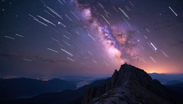 Night sky with stars and Milky Way over mountain range. Shooting stars streak across horizon. People watch cosmic show. Mountain climbers on top look at shooting meteor shower event. - Powered by Adobe