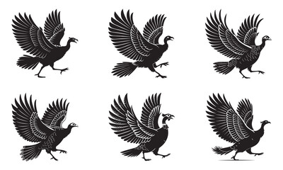 Stylized turkey birds in various dynamic poses with spread wings, black silhouettes on white background.
