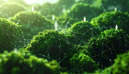 Green hills with abstract networked figures atop, suggesting connection and collaboration in a natural landscape