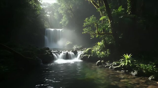 Immerse yourself in the breathtaking beauty of a lush, vibrant jungle. A majestic waterfall cascades powerfully into a crystal-clear stream, surrounded by dense tropical foliage and ancient, moss-cove