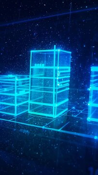 Vertical video: Opening dark void releasing three wireframe cubes hovering over grid amid particles
