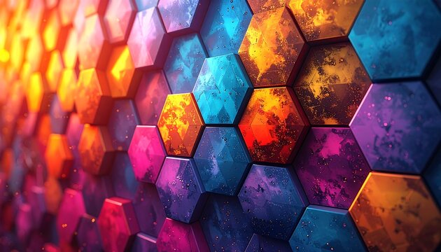 Colorful hexagonal tiles create an abstract mosaic wall with textured surfaces and a vibrant, modern aesthetic