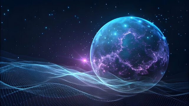 Mysterious glowing egg orb floating in cosmic nebula