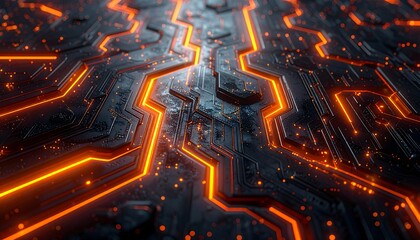 Abstract circuit board close-up with glowing orange paths against a dark grey background, with bokeh dots