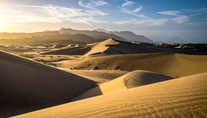 Golden sand dunes roll across a desert landscape under a blue sky, distant mountains silhouetted by sunset
