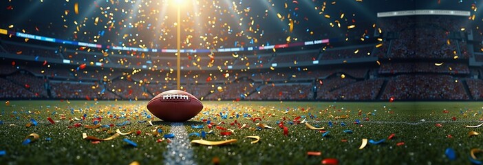 Vibrant football game celebration with confetti in a packed stadium