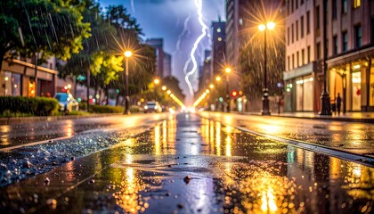 Rain-slicked city street with bright streetlights reflects a lightning strike in the distance on a stormy night