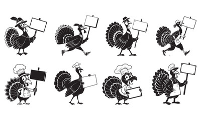 Animated turkeys in pilgrim and chef costumes holding blank signs, isolated vector set
