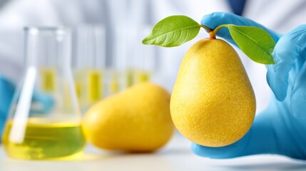 In a bright lab, a scientist in gloves holds a ripe yellow pear, inspecting it closely. Test tubes with colorful solutions are visible, showcasing ongoing experiments with fruit safety