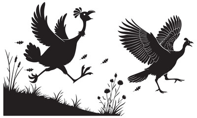 Graphic silhouette illustration of two turkeys running and flying through nature
