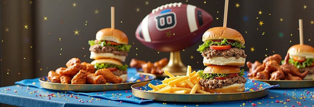 Football-themed party with burgers, fries, wings, and football