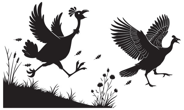 Graphic silhouette illustration of two turkeys running and flying through nature
