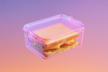 Floating sandwich in transparent lunch box with colorful gradient background