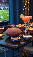Football-themed party setup with snacks, drinks, and game on tv in background