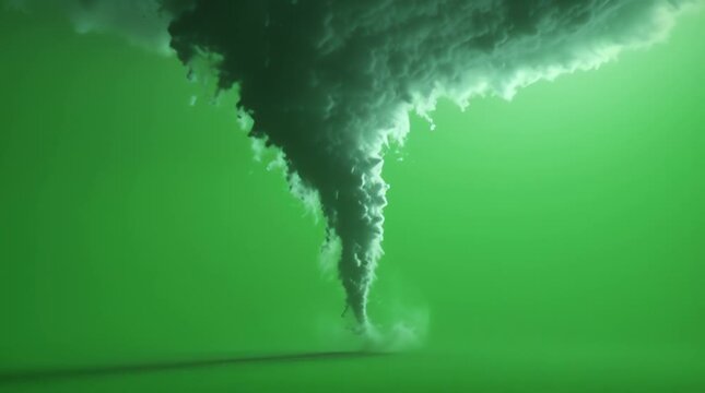 Tornado storm with a funnel cloud swirling downwards into a green background, creating a sense of intense weather suitable for dramatic visual effects.
