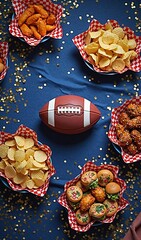 Football party: chips, wings, sliders, and snacks on navy table with confetti