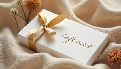 Elegant white gift card box tied with golden ribbon sits on soft beige fabric. Decorative dry flowers add a touch of nature to this luxurious present.
