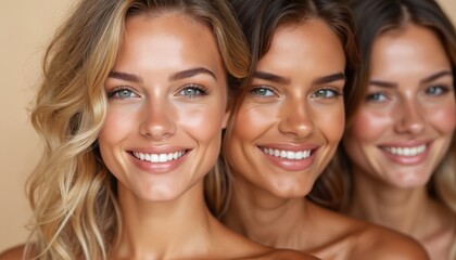 Three young women show varied summer tans. Beautiful natural skin, smiling at camera. Models display different healthy sun kissed complexions. Image represents diverse beauty, faces reflect healthy