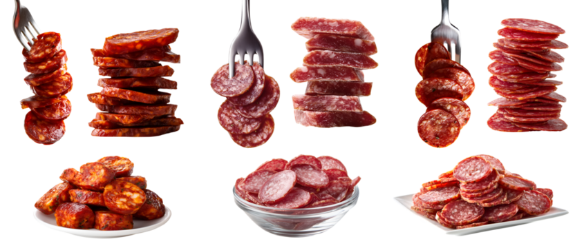 Collection of 3 set cured smoked fermented dried sausage meat, chorizo pepperoni salami, on fork plate bowl, sliced stack pile, transparent cutout PNG. Mockup for design