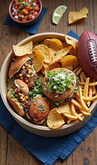 Delicious game day snack platter with burgers, hot dogs, nachos, and fries