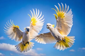 Two sulphurcrested cockatoos flying in a bright blue sky with clouds