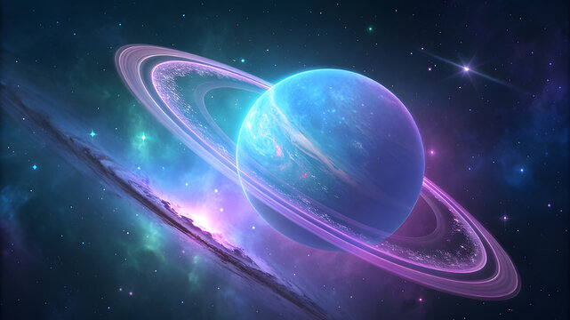 Vibrant ringed planet illuminated by cosmic nebula and stars