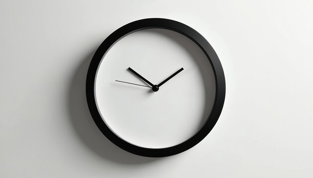 Minimalist black round wall clock hangs on clean white background. Simple design features plain white face with black hour, minute, second hands. Clock symbol of time passing, schedule, punctuality,