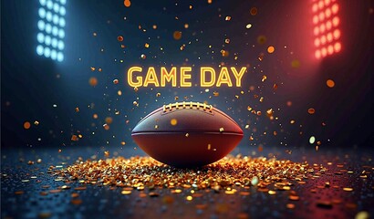 American football game day celebration with confetti and stadium lights